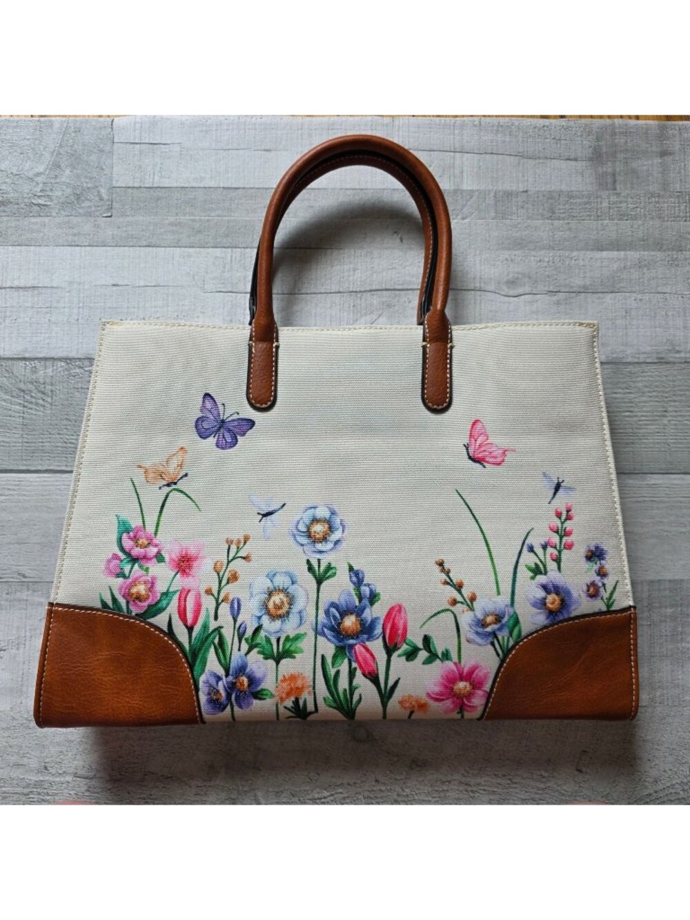 Floral Canvas Tote Bag With Faux Leather Accents & Butterfly Design -